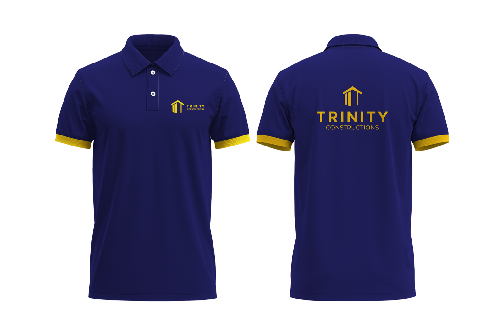 Trinity Constructions logo shown on a yellow and blue uniform mockup